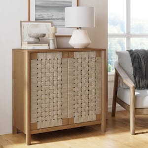 Aerie Rustic Wood Light Brown 31 in. Accent Cabinet, Boho Storage Cabinet w/Seagrass Doors and Solid Wood Legs