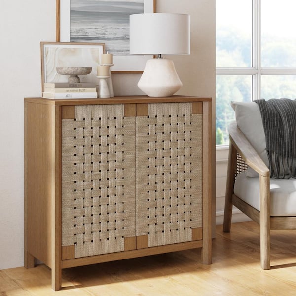 Nathan James Aerie Rustic Wood Light Brown 31 in. Accent Cabinet, Boho Storage Cabinet w/Seagrass Doors and Solid Wood Legs