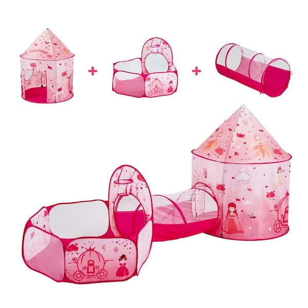 3-in-1 Kids Play Tent with Tunnel for Toddlers, Boys, Girls, Princes, Indoor/Outdoor Pop-Up Playhouse, Pink