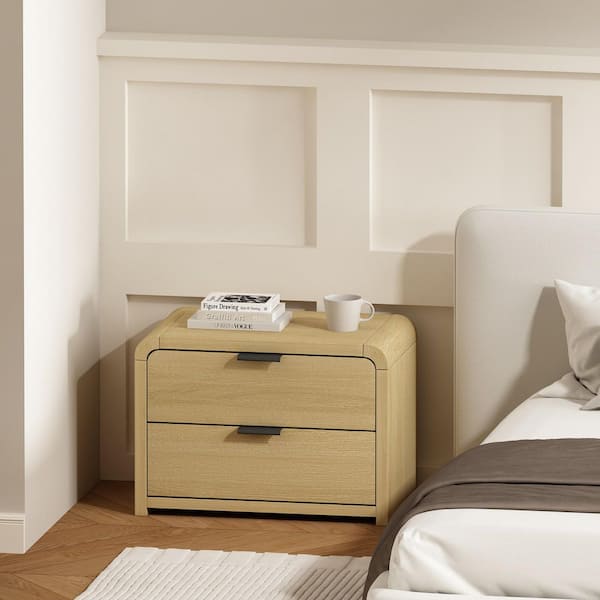 Manhattan Comfort Grace Modern Natural Oak 2-Drawer 28 in. W Nightstand with Black Handles