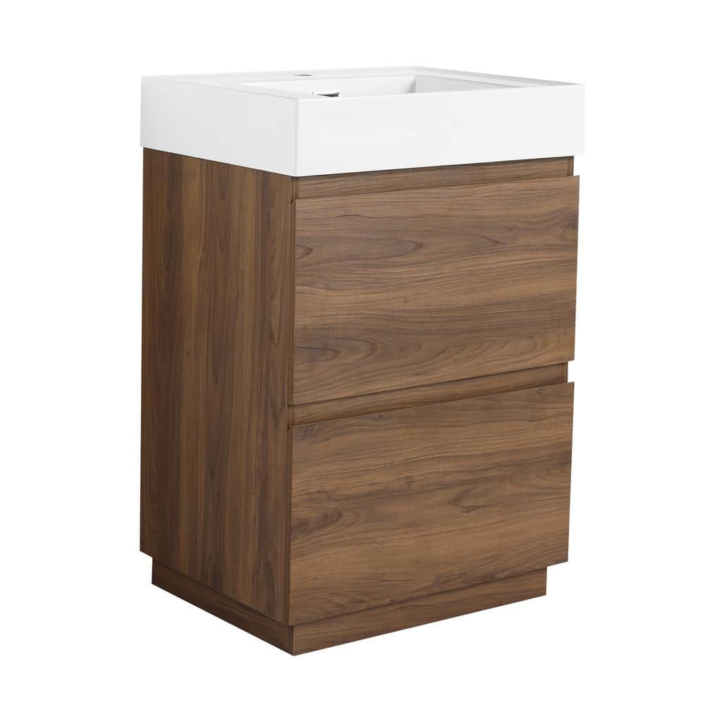 24 in. W Freestanding Bath Vanity in Brown with White Cultured Marble Top