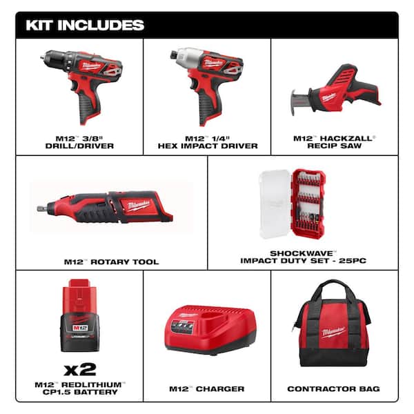 M12 12V Lithium-Ion Cordless 4-Tool Combo Kit with (2) Compact 1.5Ah Batteries and Charger & SHOCKWAVE Bit Set (25-Pc)