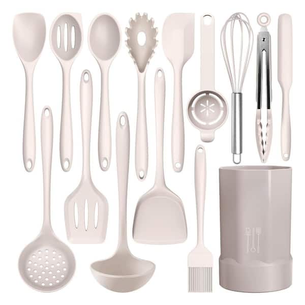 15-Piece Silicone Cooking Utensils Set with Turner, Tong, Spatula, Spoon, Brush, Whisk, 446°F Heat Resistant, Khaki