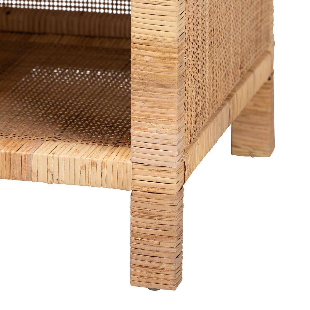 Bella Natural Brown Mahogany Wood and Rattan 1-Drawer Console Table