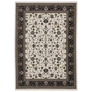 Victoria Ivory/Navy 4 ft. x 6 ft. Classic Oriental Bordered Polyester Fringed-Edge Indoor Area Rug