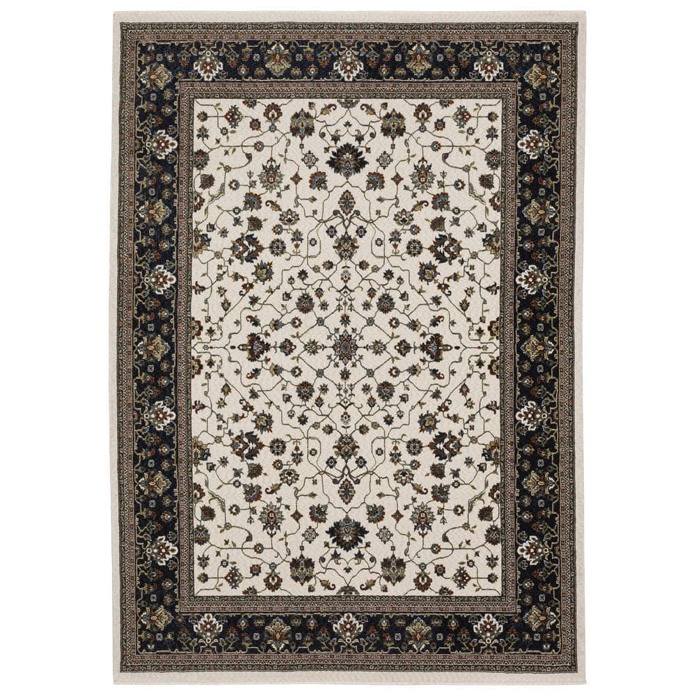 Victoria Ivory/Navy 5 ft. x 8 ft. Classic Oriental Bordered Polyester Fringed-Edge Indoor Area Rug price history on PriceWatchPro