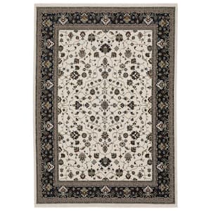 Victoria Ivory/Navy 5 ft. x 8 ft. Classic Oriental Bordered Polyester Fringed-Edge Indoor Area Rug