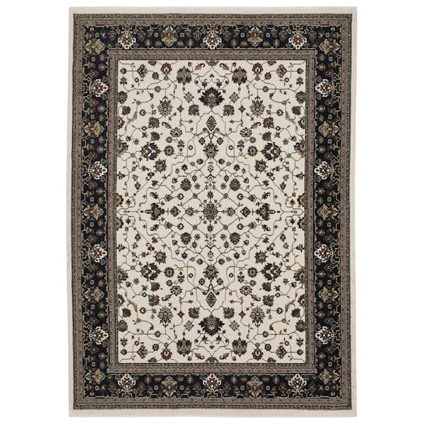 Victoria Ivory/Navy 7 ft. x 10 ft. Classic Oriental Bordered Polyester Fringed-Edge Indoor Area Rug
