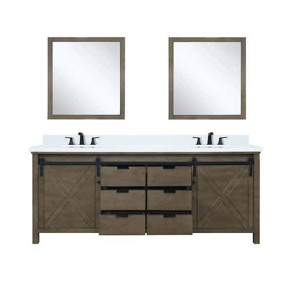 Lexora Marsyas 80 in W x 22 in D Rustic Brown Double Bath Vanity, Cultured Marble Countertop, Faucet Set and 30 in Mirrors