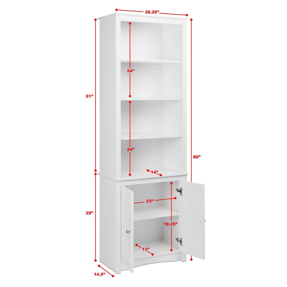 Tall White Wood Bookcase with Shaker Doors