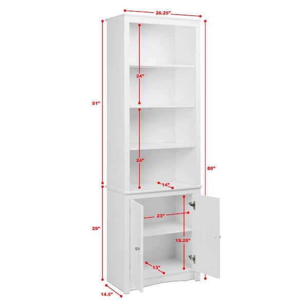 White Wood 6 Shelf Standard Bookcase, 30 Inch High Bookcase With Doors And Windows