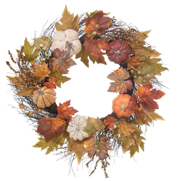 22 in. Unlit Artificial Harvest Wreath with Pumpkins