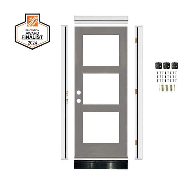 DIY RTA KIT 32in.x80in. Hemlock Right-Hand/Inswing 3-Lite Clear Glass Grey Stain Wood Ready To Assemble Front Door