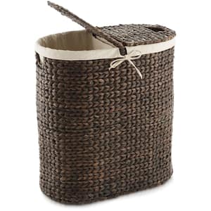 Brown Espresso 23 in. x 24.25" Wicker Water Hyacinth Decorative Basket 2-Section Oval Laundry Hamper w/ Lids and Liners