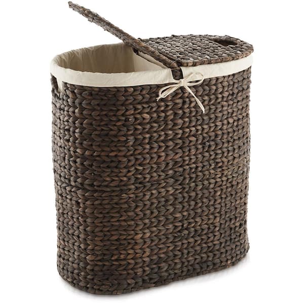 Casafield Brown Espresso 23 in. x 24.25" Wicker Water Hyacinth Decorative Basket 2-Section Oval Laundry Hamper w/ Lids and Liners