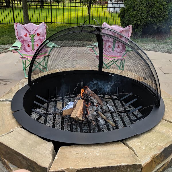 Black Steel Fire Pit Spark Screen, Sunnydaze Foldable Fire Pit Cooking Grill Grater
