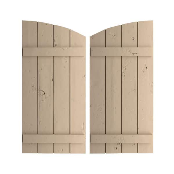 Ekena Millwork 22 in. x 46 in. Polyurethane Knotty Pine 4-Board Joined Board-n-Batten Elliptical Top Shutters, Primed Tan