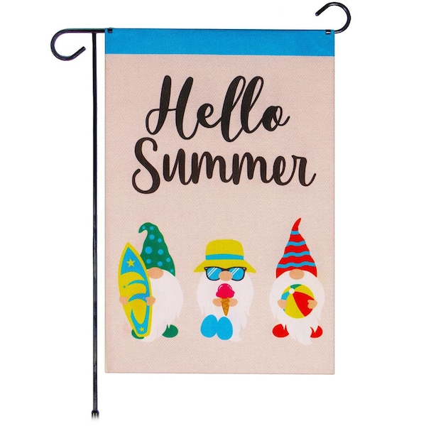G128 1 ft. x 1.5 ft. Burlap Hello Summer 3 Beach Ready Gnomes 2-Sided Garden Flag Printed Blockout