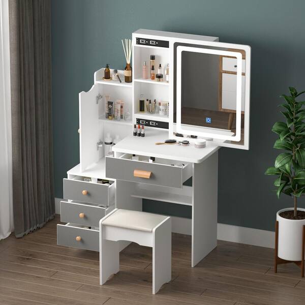 4 Drawers White Wood Makeup Vanity Sets, Dressing Table With Light Up Mirror And Storage