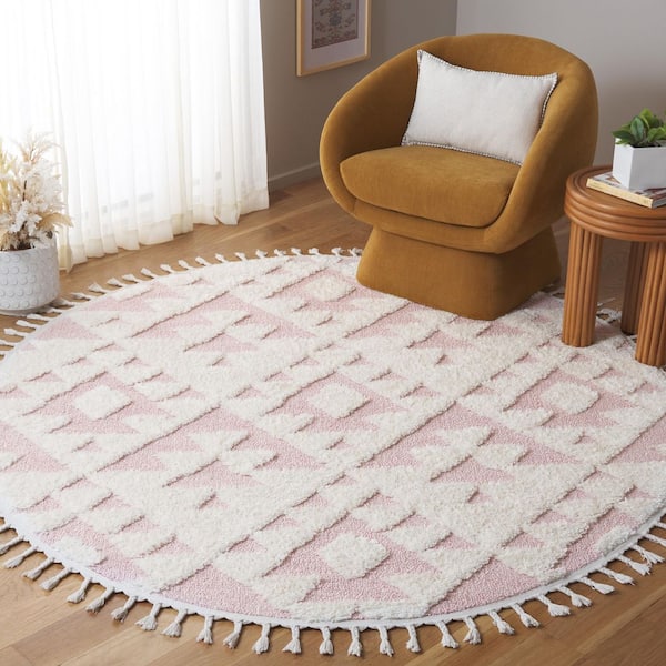 Moroccan Tassel Shag Ivory/Pink 5 ft. x 5 ft. High-Low Geometric Fringe Round Area Rug