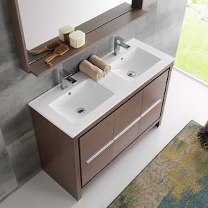 Allier 48 in. W Vanity in Gray Oak with Ceramic Vanity Top in White with Double White Basin and Mirror