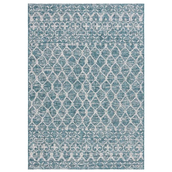 SAFAVIEH Courtyard Teal/Gray 5 ft. x 8 ft. Distressed Border Trellis Indoor/Outdoor Area Rug