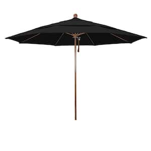 11 ft. Woodgrain Aluminum Commercial Market Patio Umbrella Fiberglass Ribs and Pulley Lift in Black Sunbrella