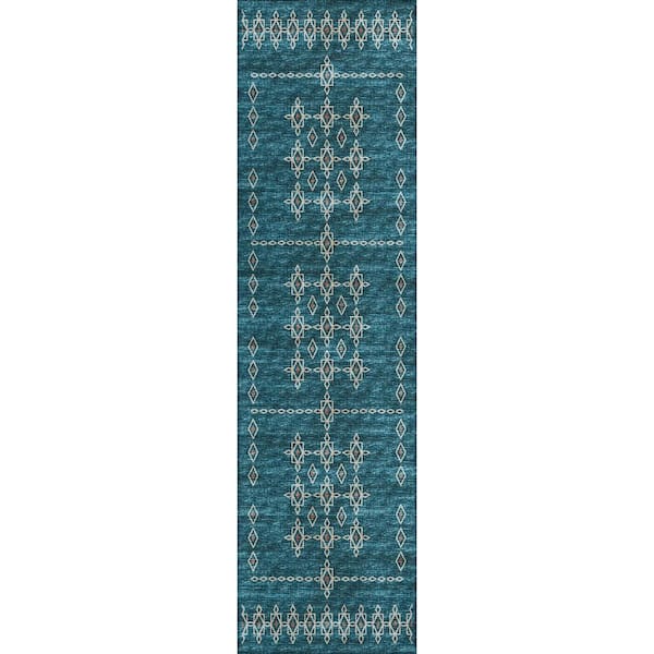 Addison Rugs Yuma Blue 2 ft. 3 in. x 7 ft. 6 in. Geometric Indoor/Outdoor Washable Area Rug