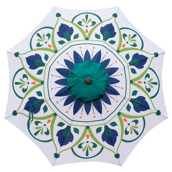 green patterned patio umbrella 7.5ft Aluminum Garden Market with Crank and Tilt Mechanism Hunter foot round patio umbrella featuring a crank and tilt mechanism 9undefined Green and Blue Floral