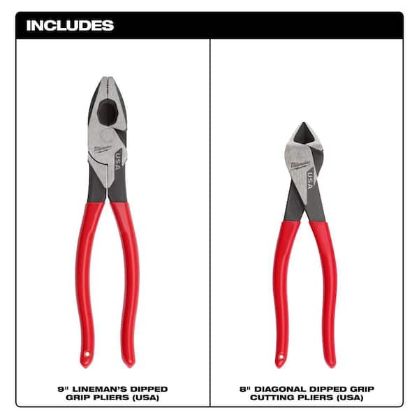 Milwaukee 9 in. Lineman & 8 in. Diagonal Dipped Grip Plier Set (2