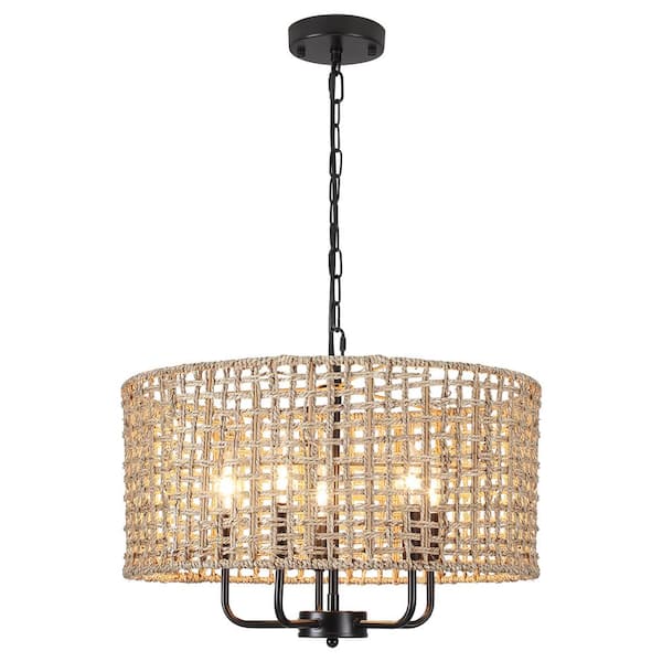 5-Light Black Round Rattan Pendant Design Drum Chandelier with Hand Woven Shade