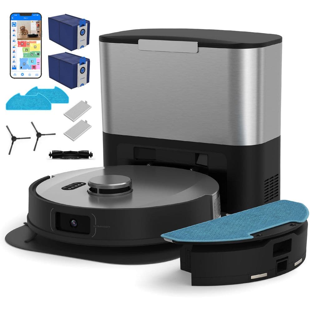 bObsweep Ultra Vision 8000 Pa 12.5 in Robotic Vacuum, Smart Navigation, 180-Day Bag, Brushed Stainless Steel Dock, Mop in Gray