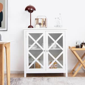White Kitchen Buffet Sideboard Storage Cabinet w/Glass Doors & Adjustable Shelf