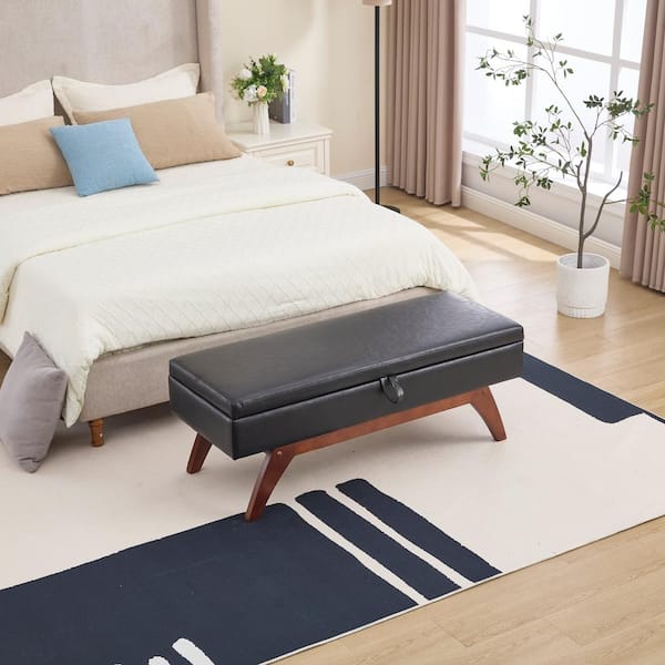Noble House Horizon Black Modern Upholstered PU Leather Storage Ottoman, Solid Wood Legs
