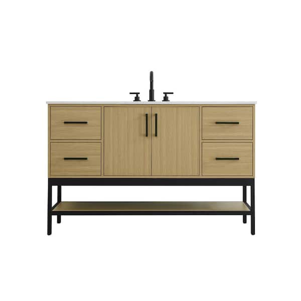 54 in. Single Sink Honey Brown Bath Vanity with White Engineered Marble Top