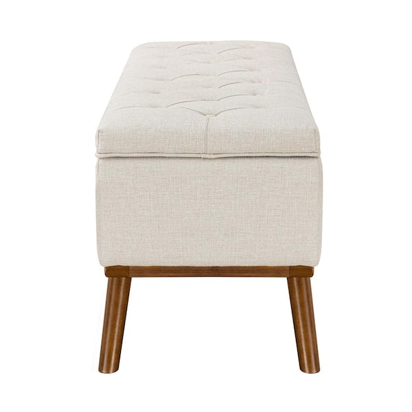 Pero Cream 50 in. Linen Fabric Upholstered Storage Bench with Solid Wood Legs, Button Tufted Ottoman Bench for Bedroom