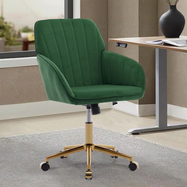 Velvet Adjustable Height Ergonomic Swivel Chair in Green with Arms