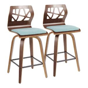 Folia 36 in. Teal Fabric and Walnut Wood High Back Counter Height Bar Stool with Square Black Footrest (Set of 2)