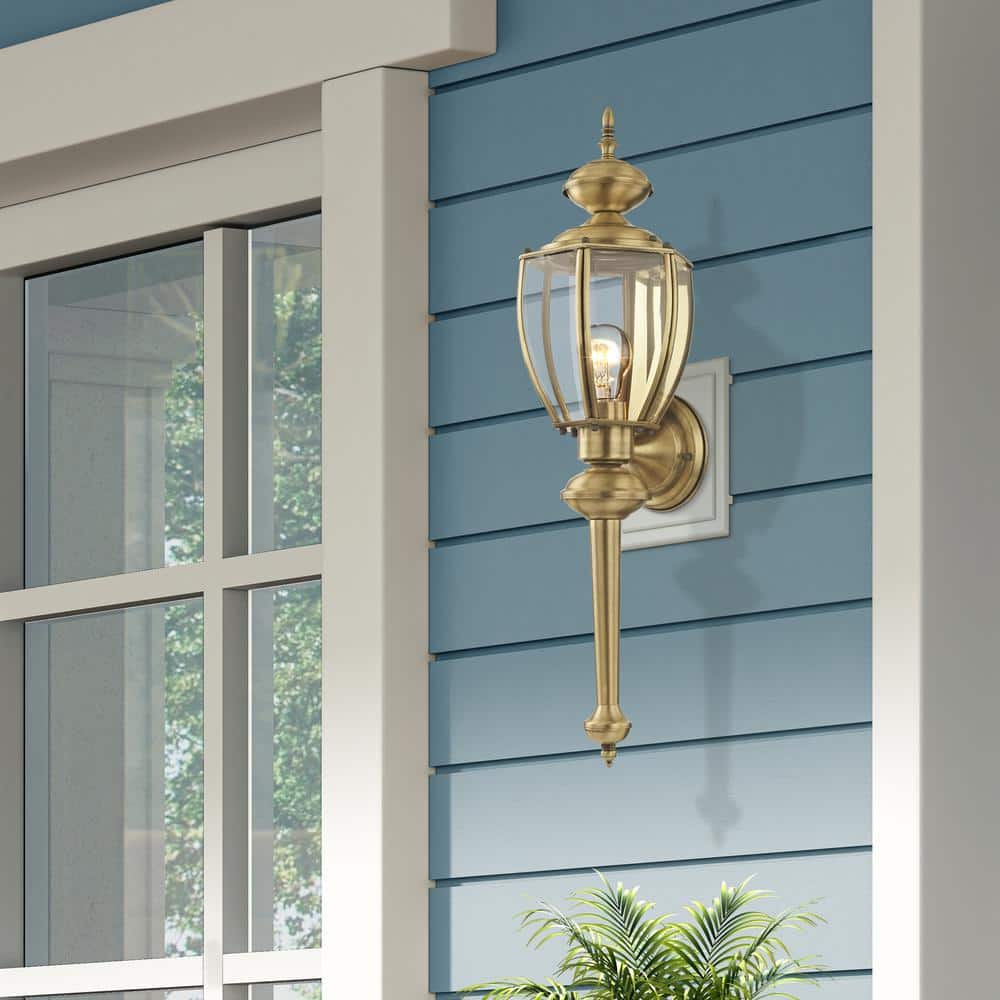 Antique Brass Lantern Sconce with Clear Beveled Glass, 1-Light