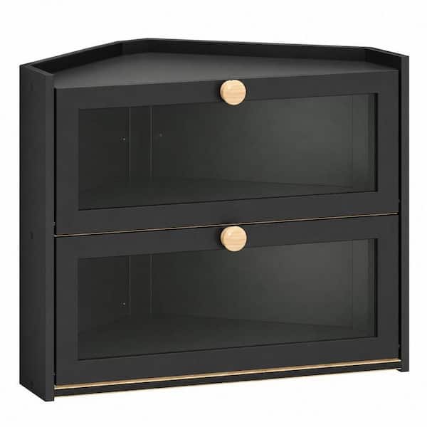 1 Piece Black Corner Bread Box for Kitchen Countertop, Bamboo Wooden Farmhouse Bread Box with Window