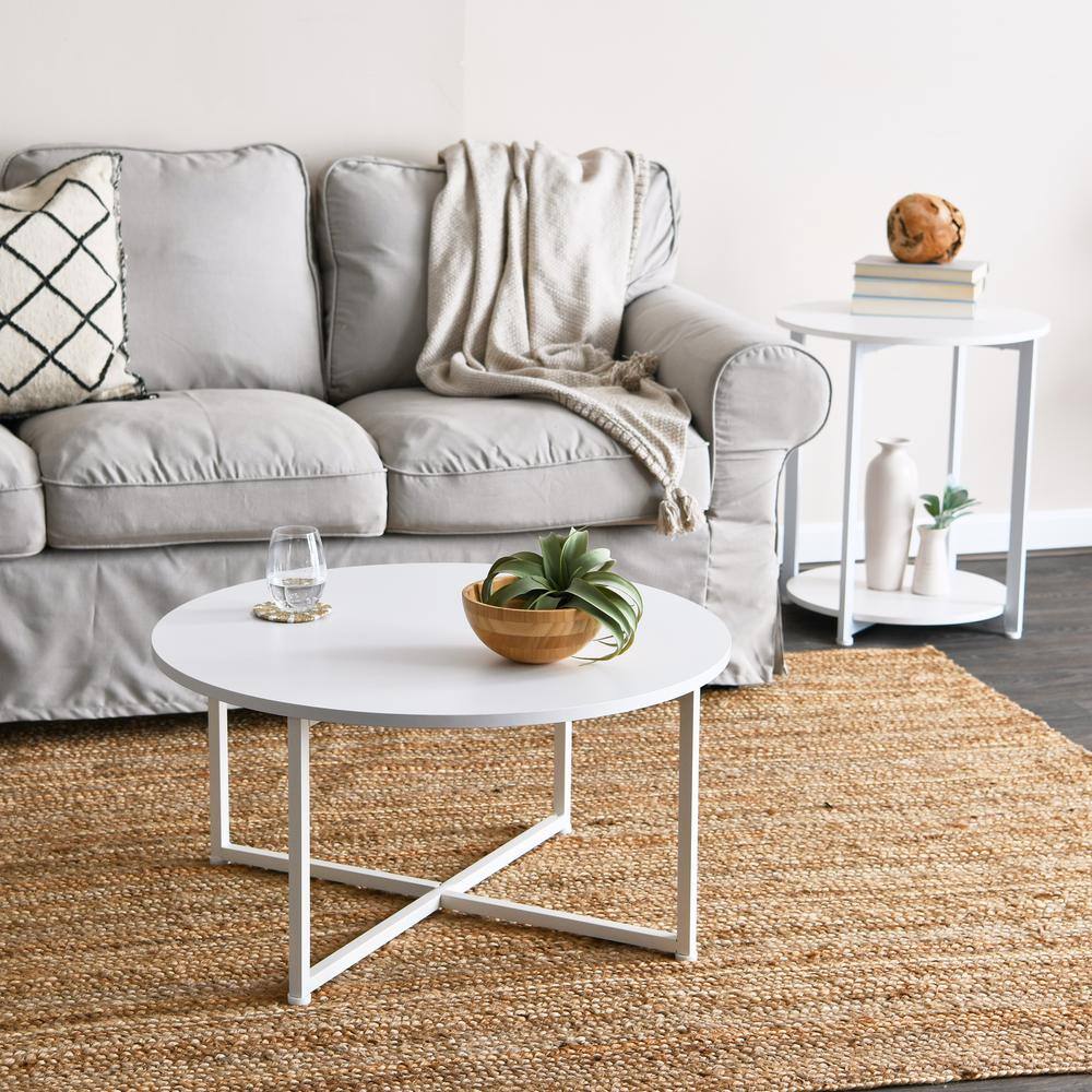 White Round Minimalist End Table with Metal Frame and Shelf