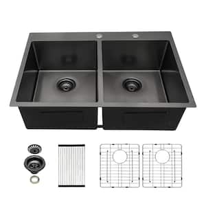 Gunmetal Black 33 in Drop-in Double Bowl 18 Gauge Stainless Steel Kitchen Sink with Bottom Grids