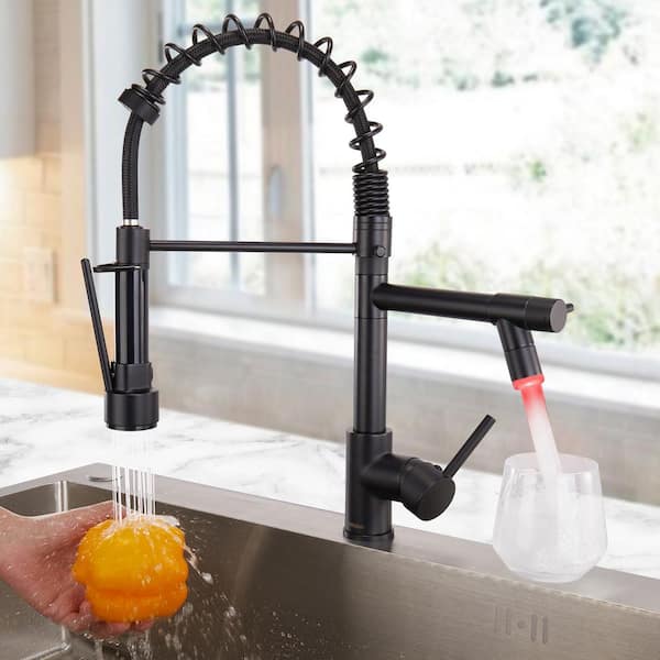 Single Handle Pull Out Sprayer Kitchen Faucet with LED Light Deckplate Not Included in Black