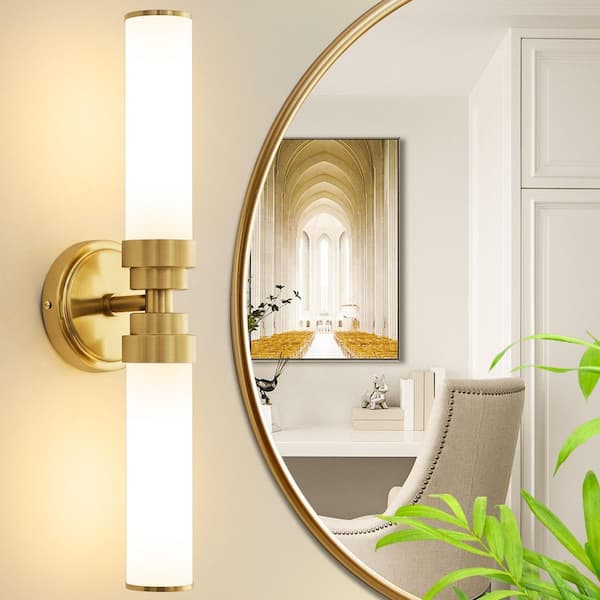 2-Light Vintage Gold Wall Sconce with Opal White Glass Shade Industrial Antiqued Bathroom Vanity Light
