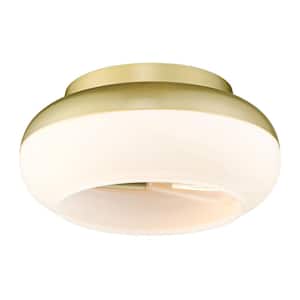 11.5 in. 2-Light Antique Gold Flush Mount with Milk White Glass Shade and No Bulbs Included
