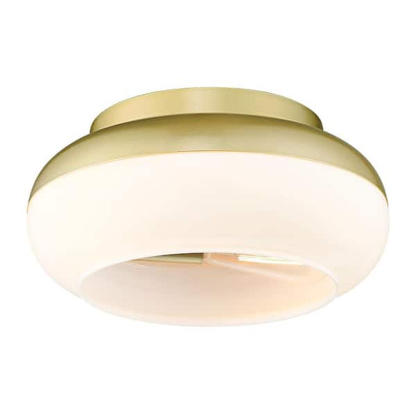 JAZAVA 11.5 in. 2-Light Antique Gold Flush Mount with Milk White Glass Shade and No Bulbs Included