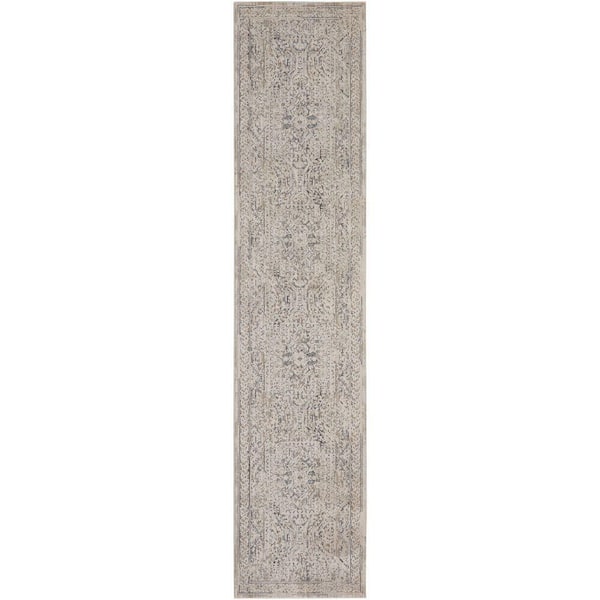 Lynx Ivory/Grey/Blue 2 ft. x 12 ft. Center Medallion Traditional Runner Area Rug