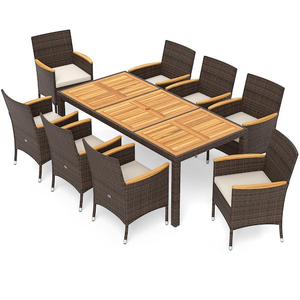9-Piece Wicker Outdoor Dining Set with Beige Cushion, Acacia Wood Table Top, Built-In Umbrella Hole