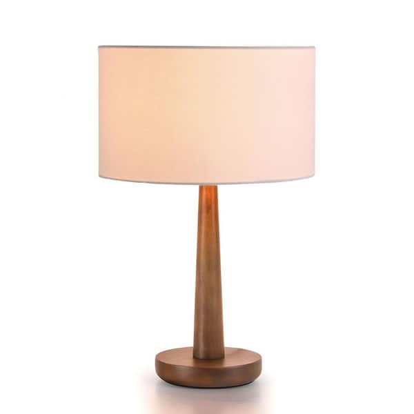 18.5 in. Retro Walnut Wooden Table Lamp with White Linen Shade and Solid Wood Base for Living Room, Bedside, Office