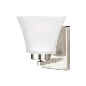 Bayfield 5 in. 1-Light Brushed Nickel Contemporary Wall Sconce Bathroom Vanity Light with Satin Glass and LED Bulb